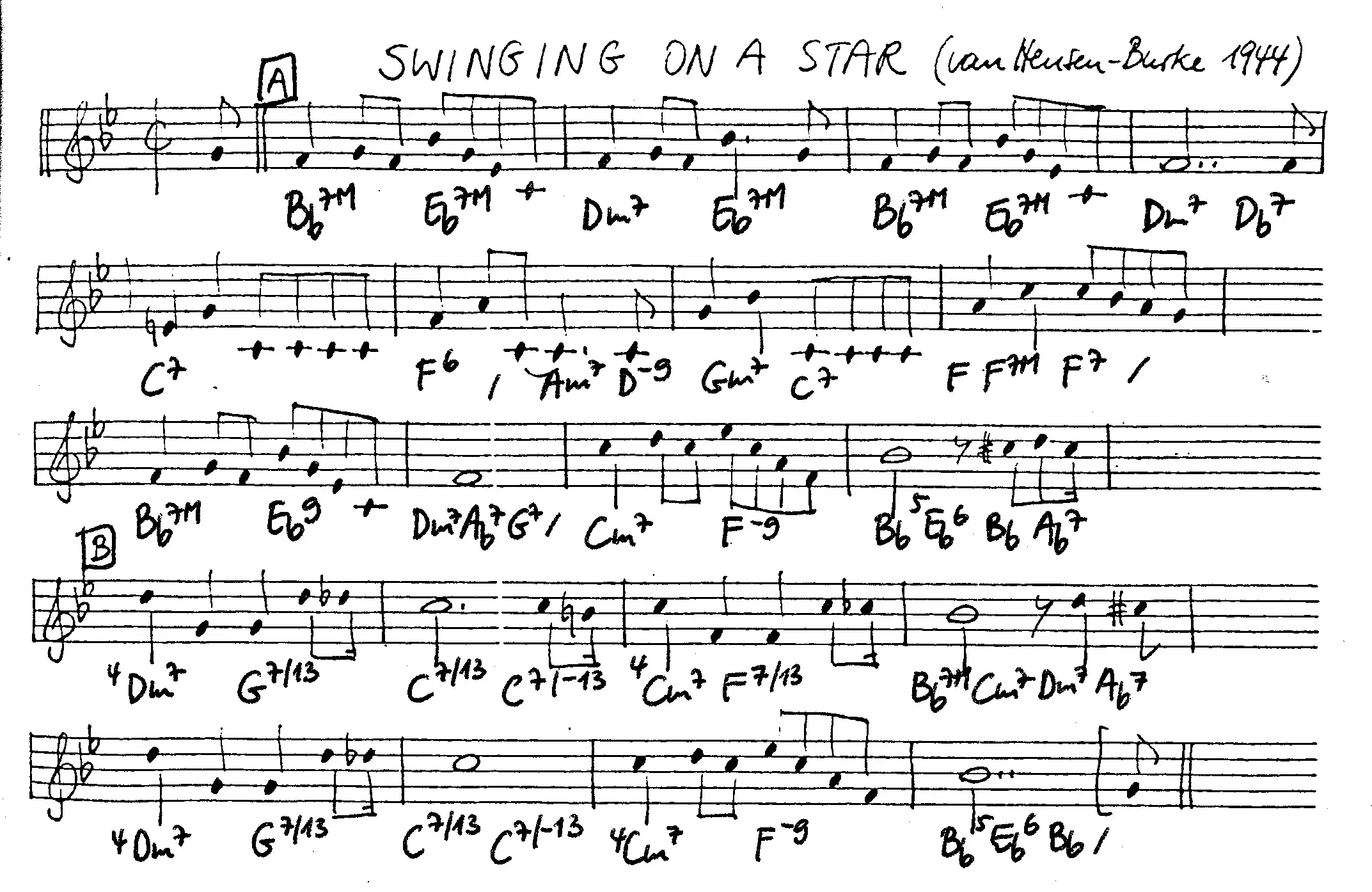 swinging on a star free jazz leadsheet - Courtesy of the Jungle Jazz Band